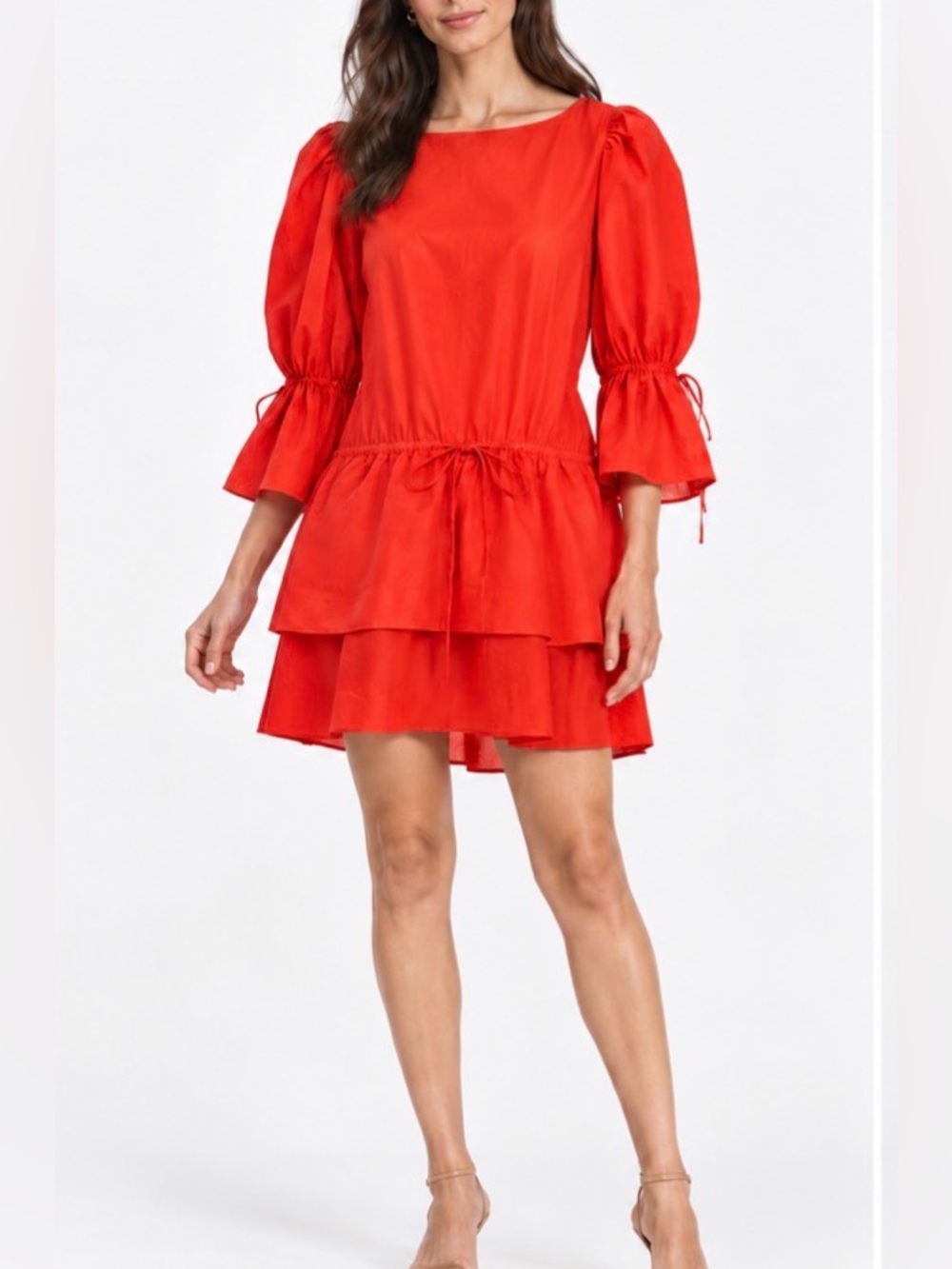 See By Chloé Red Orange Cotton Puff Sleeve Drawstring Mini Dress FR 40 US 8